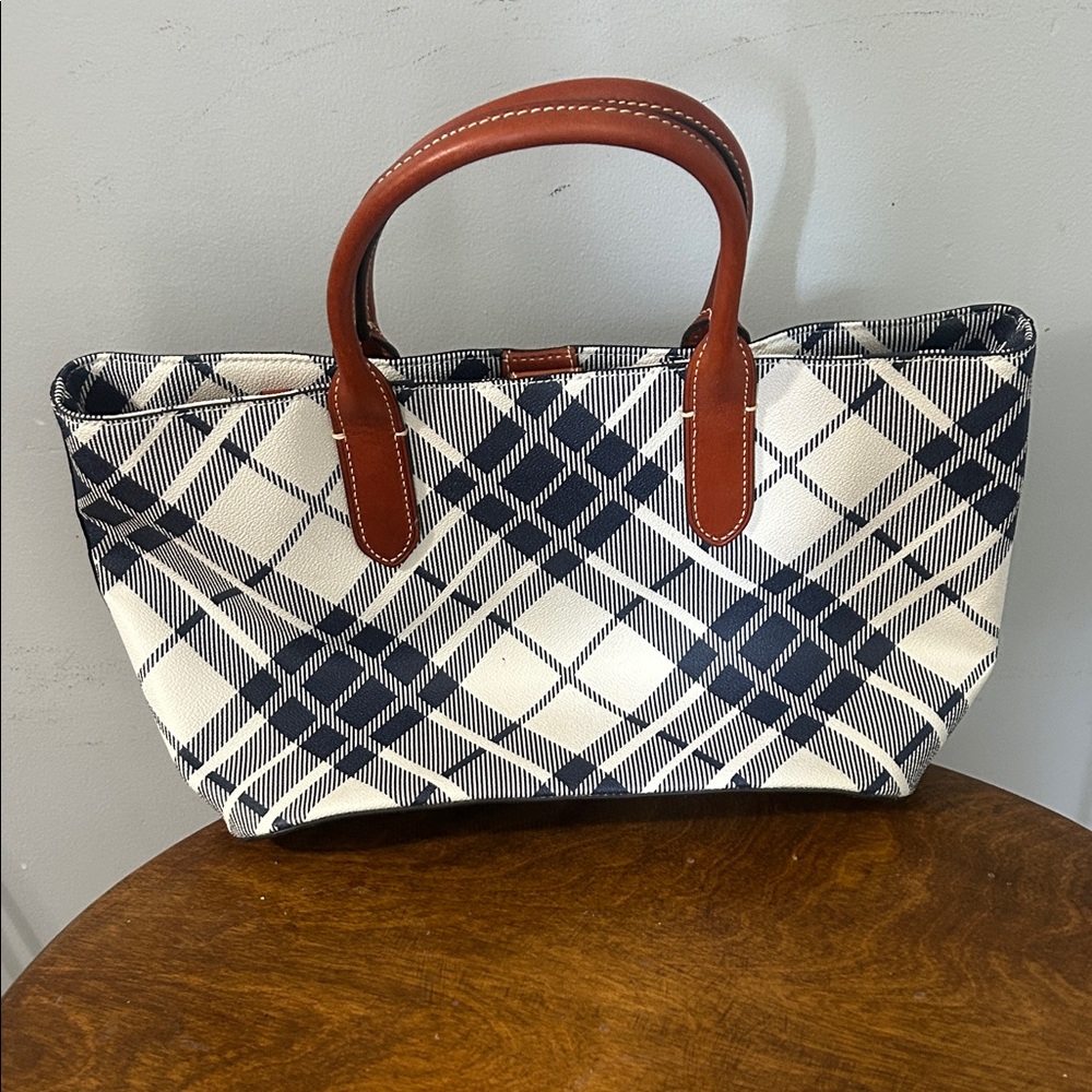 Dooney & Bourke Navy and White Plaid Tote with Brown Leather Handles - Picture 2 of 4